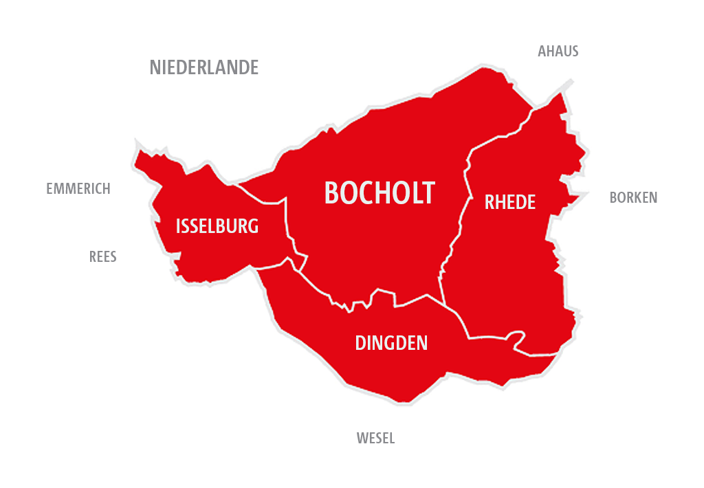 Stilisierte Karte des Verbreitungsgebietes des Stadtkurier Bocholt, bestehend aus Bocholt, Isselburg, Rhede und Dingden.